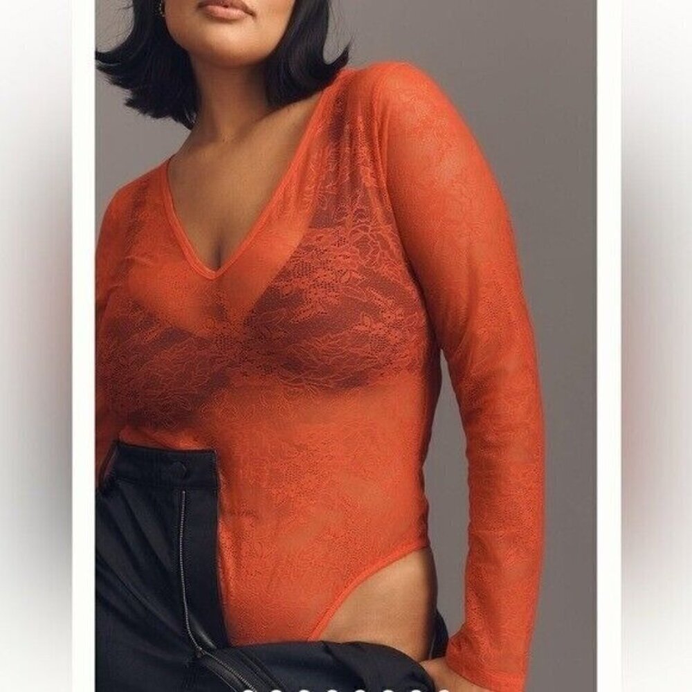ANTHROPOLOGIE Deep V Neck Lace Bodysuit Red NEW